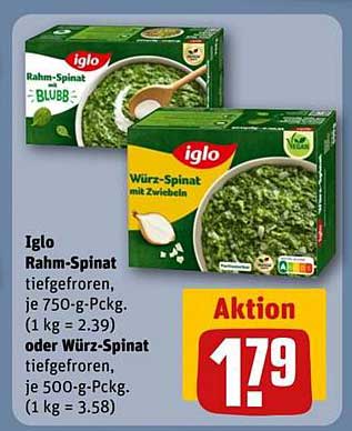 Iglo Rahm-Spinat tiefgefroren, je 750-g-Packung oder Würz-Spinat mit Zwiebeln, je 500-g-Packung