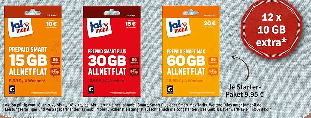 ja! mobil Prepaid Smart Plus 30 GB Allnet Flat für nur 13,99 €