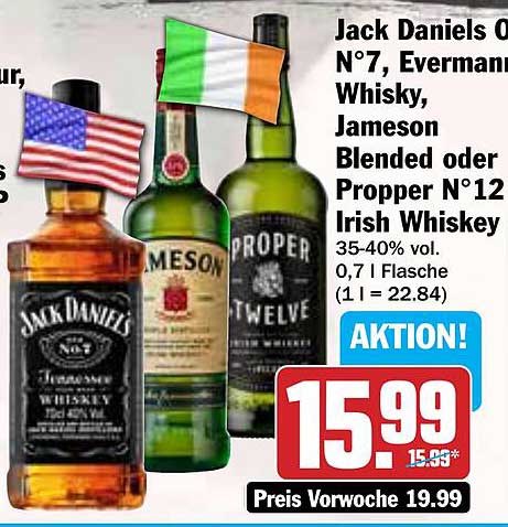 Jack Daniels N°7, Evermann Whisky, Jameson Blended oder Proper N°12 Irish Whiskey