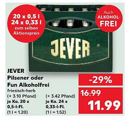JEVER Pilsener oder Fun Alkoholfrei 20 x 0,5 l / 24 x 0,33 l