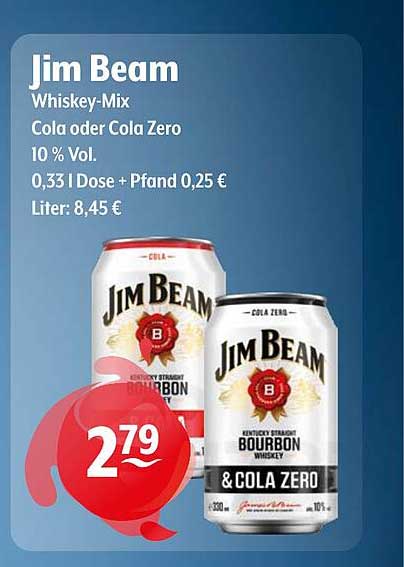 Jim Beam Whiskey-Mix Cola oder Cola Zero 10 % Vol.