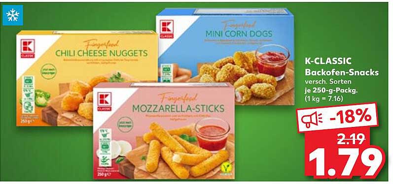 K-CLASSIC Backofen-Snacks - Chili Cheese Nuggets, Mozzarella-Sticks und Mini Corn Dogs
