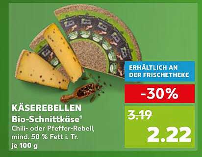 KÄSEREBELLEN Bio-Schnittkäse 1 Chili- oder Pfeffer-Rebell, mind. 50 % Fett i. Tr. je 100 g