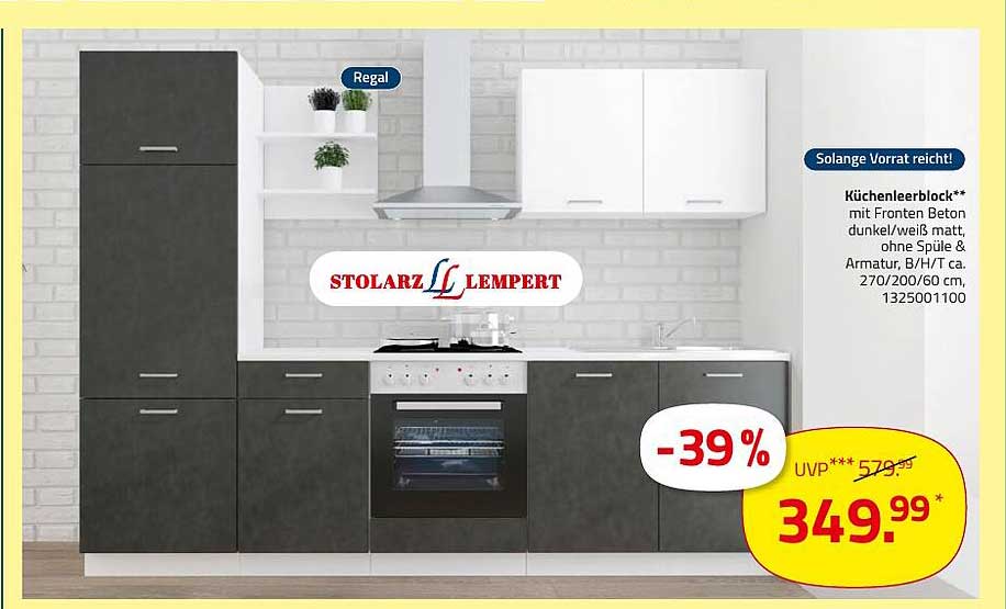 Küchenleerblock mit Fronten in Beton dunkel/weiß, ohne Spüle & Armatur
