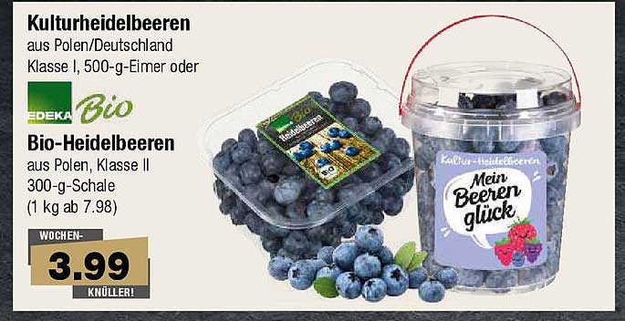 Kulturheidelbeeren aus Polen/Deutschland - Klasse I, 500-g-Eimer oder Bio-Heidelbeeren 300-g-Schale