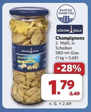 KÜSTEN GOLD Champignons 2. Wahl, in Scheiben 580-ml-Glas