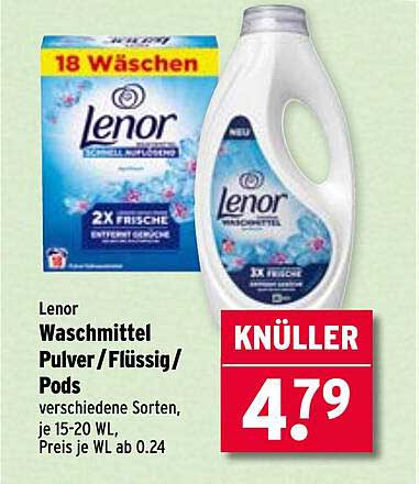 Lenor Waschmittel Pulver/Flüssig/Pods verschiedene Sorten, je 15-20 WL, Preis je WL ab 0.24