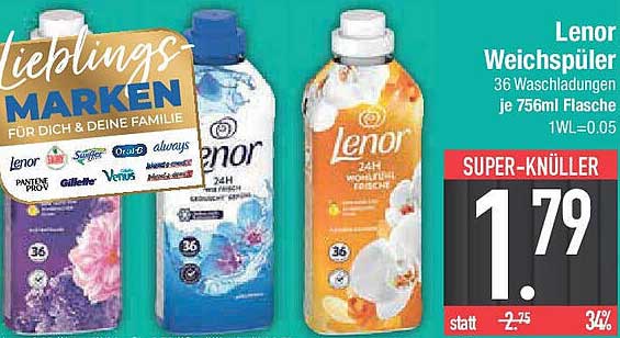 Lenor Weichspüler 36 Waschladungen je 756ml Flasche