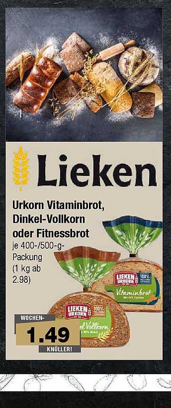 Lieken Urkorn Vitaminbrot, Dinkel-Vollkorn oder Fitnessbrot je 400/-500-g-Packung (1 kg ab 2.98)