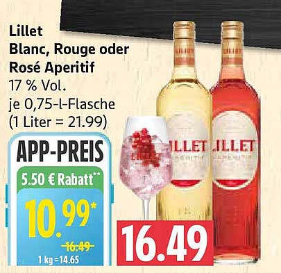 Lillet Blanc, Rouge oder Rosé Aperitif 17 % Vol. je 0,75-l-Flasche