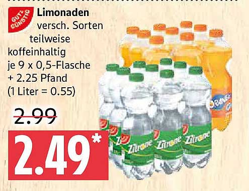 Limonaden verschiedene Sorten, teilweise koffeinhaltig, je 9 x 0,5-Liter-Flasche