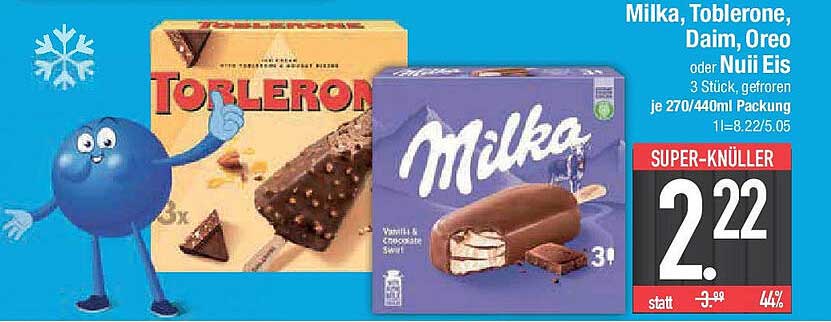 Milka, Toblerone, Daim, Oreo oder Nuii Eis - 3 Stück, gefroren je 270/440ml Packung