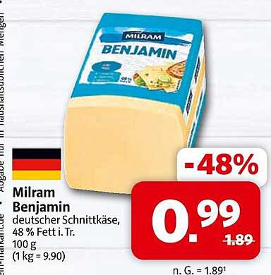 Milram Benjamin deutscher Schnittkäse, 48 % Fett i. Tr. 100 g