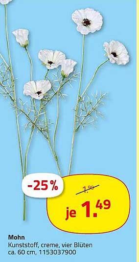 Mohn Kunstblume, creme, vier Blüten, ca. 60 cm