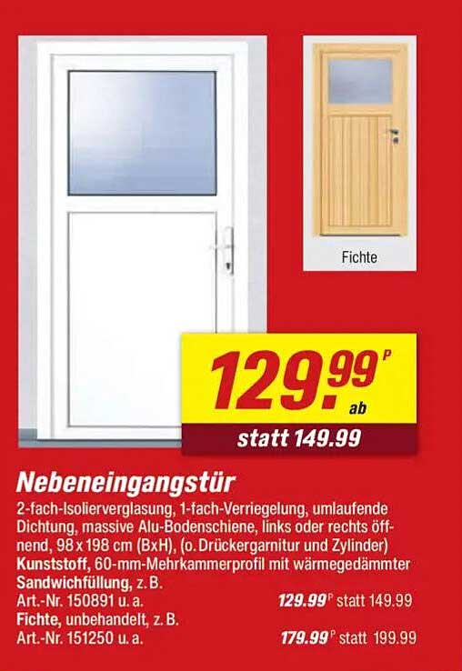 Nebeneingangstür mit 2-fach-Isolierverglasung, 1-fach-Verriegelung und Alu-Bodenschnalle