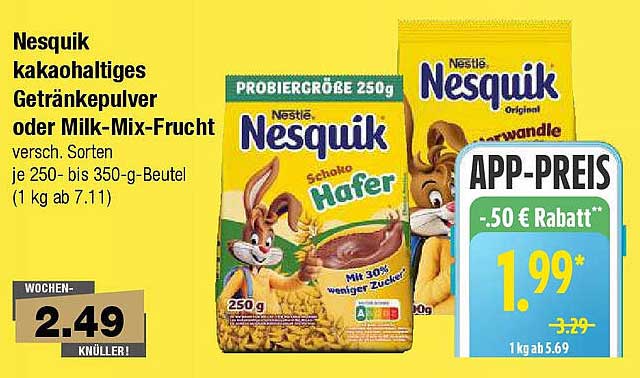 Nesquik kakaohaltiges Getränkepulver oder Milk-Mix-Frucht – verschiedene Sorten