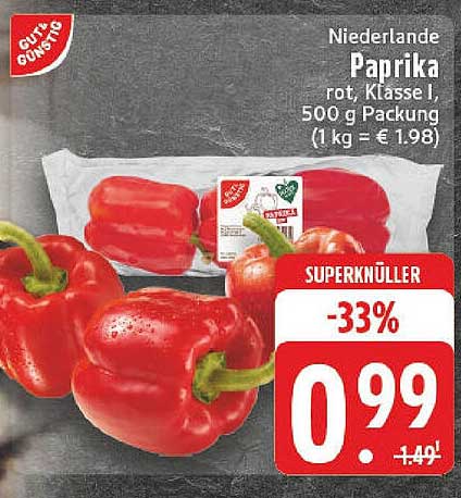 Niederlande Paprika rot, Klasse I, 500 g Packung