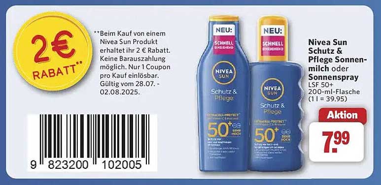 Nivea Sun Schutz & Pflege Sonnenmilch oder Sonnenspray LSF 50+ 200-ml-Flasche