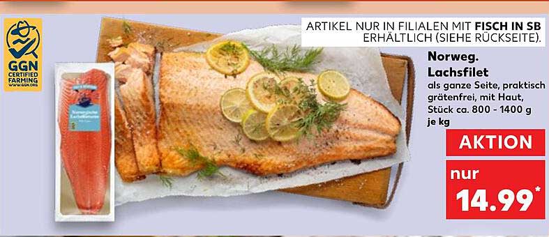 Norweg. Lachsfilet als ganze Seite, praktisch grätenfrei, mit Haut, Stück ca. 800 - 1400 g je kg
