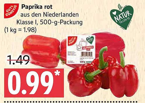 Paprika rot aus den Niederlanden Klasse I, 500-g-Packung