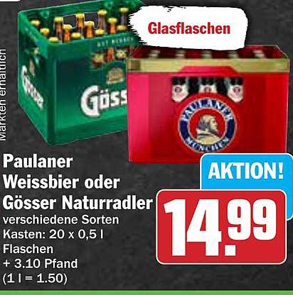 Paulaner Weissbier oder Gösser Naturradler – Kasten 20 x 0,5 l Flaschen
