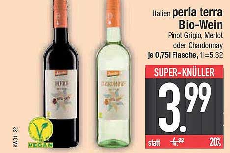 perla terra Bio-Wein – Pinot Grigio, Merlot oder Chardonnay, je 0,75l