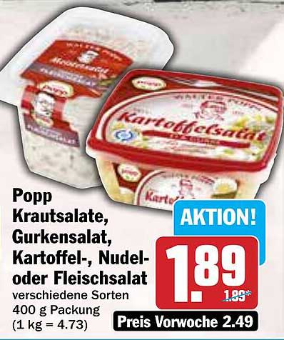 Popp Krautsalate, Gurkensalat, Kartoffel-, Nudel- oder Fleischsalat 400 g Packung