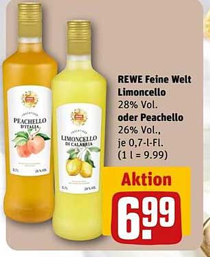 REWE Feine Welt Limoncello 28% Vol. oder Peachello 26% Vol.