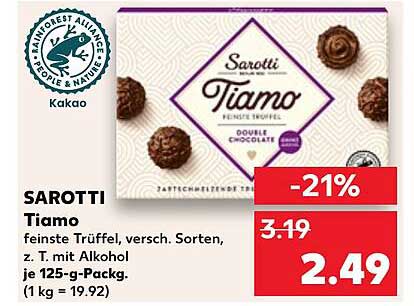 SAROTTI Tiamo feine Trüffel, verschiedene Sorten, z. T. mit Alkohol, 125-g-Packung