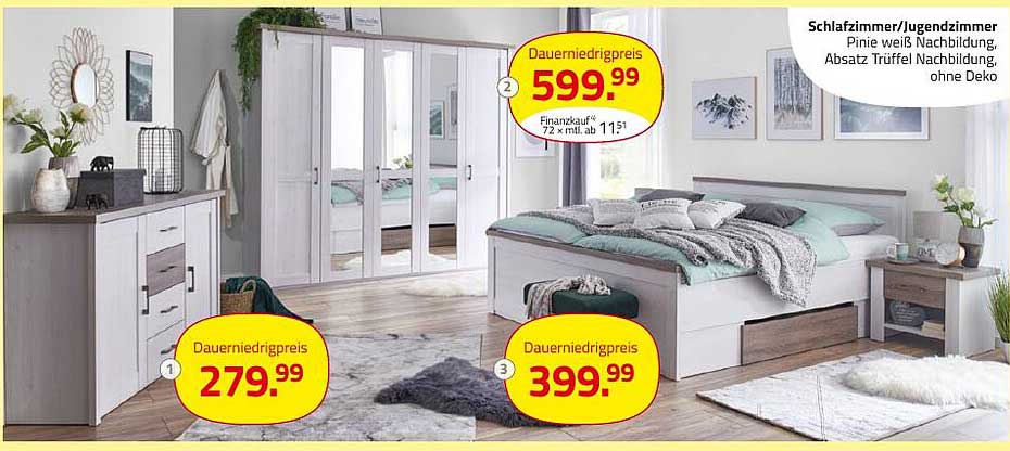 Schlafzimmer/Jugendzimmer Pinie weiß Nachbildung, Absatz Trüffel Nachbildung, ohne Deko