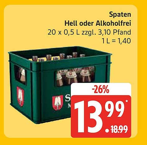 Spaten Hell oder Alkoholfrei - Kasten mit 20 Flaschen à 0,5 L