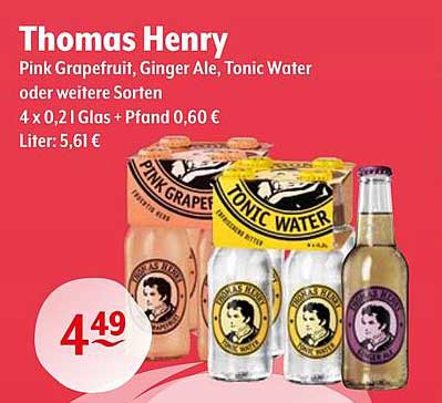 Thomas Henry Pink Grapefruit, Ginger Ale, Tonic Water oder weitere Sorten – 4 x 0,2 l Gläser