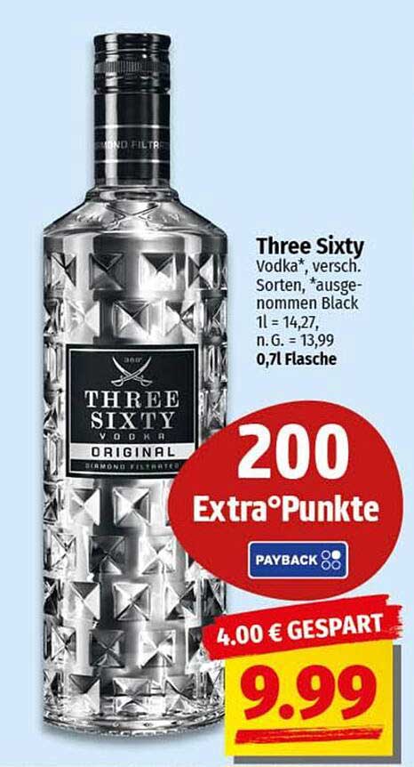 Three Sixty Vodka 0,7 l - jetzt nur 9,99 €