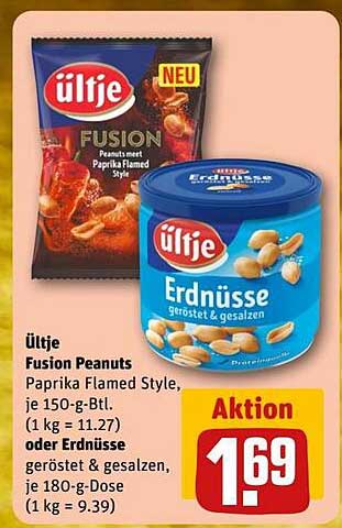 ültje Fusion Peanuts Paprika Flamed Style, 150-g-Btl. und Erdnüsse geröstet & gesalzen, 180-g-Dose