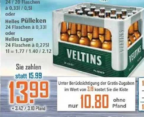 Veltins Bierkasten – 24 Flaschen Helles Pülekken oder Helles Lager