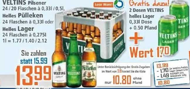 VELTINS Pilsener 24 Flaschen + 2 Dosen gratis