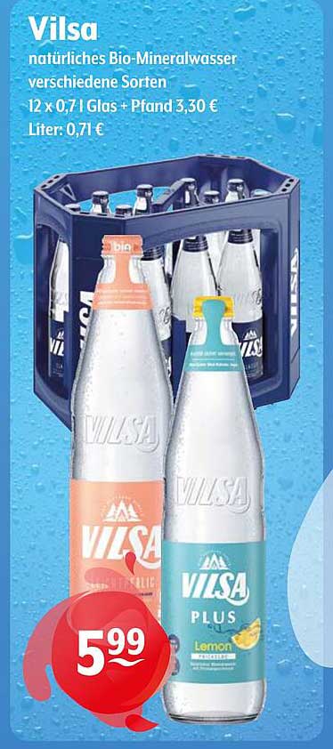 Vilsa natürliches Bio-Mineralwasser verschiedene Sorten 12 x 0,7 l Glas + Pfand 3,30 €