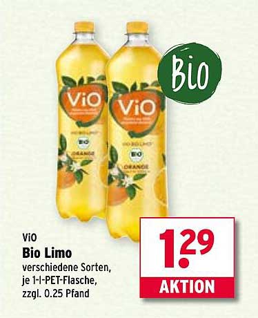 viO Bio Limo verschiedene Sorten, je 1-l-PET-Flasche, zzgl. 0,25 Pfand
