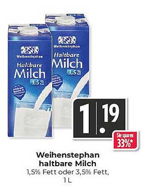Weihenstephan haltbare Milch 1,5% Fett oder 3,5% Fett, 1 L