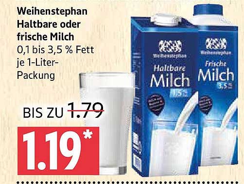 Weihenstephan Haltbare oder frische Milch 0,1 bis 3,5 % Fett je 1-Liter-Packung
