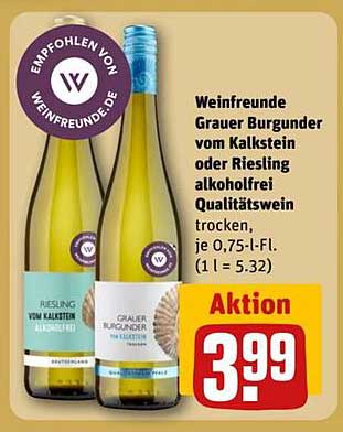 Weinfreunde Grauer Burgunder vom Kalkstein oder Riesling alkoholfrei Qualitätswein trocken, je 0,75-L-FL.