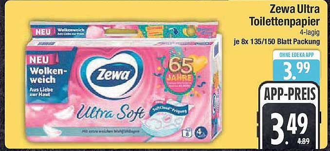 Zewa Ultra Toilettenpapier 4-lagig je 8x 135/150 Blatt