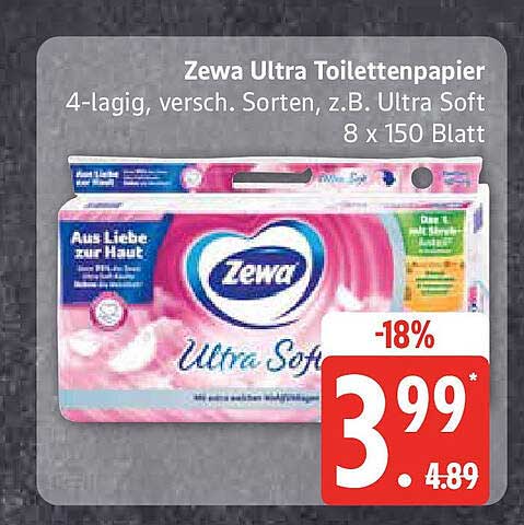 Zewa Ultra Toilettenpapier 4-lagig, verschiedene Sorten, z.B. Ultra Soft - 8 x 150 Blatt