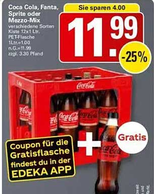 Coca Cola, Fanta, Sprite oder Mezzo-Mix Kiste 12x1 Ltr. PET-Flasche