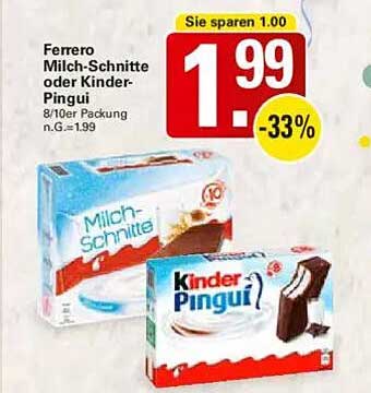 Ferrero Milch-Schnitte oder Kinder-Pinguin 8/10er Packung