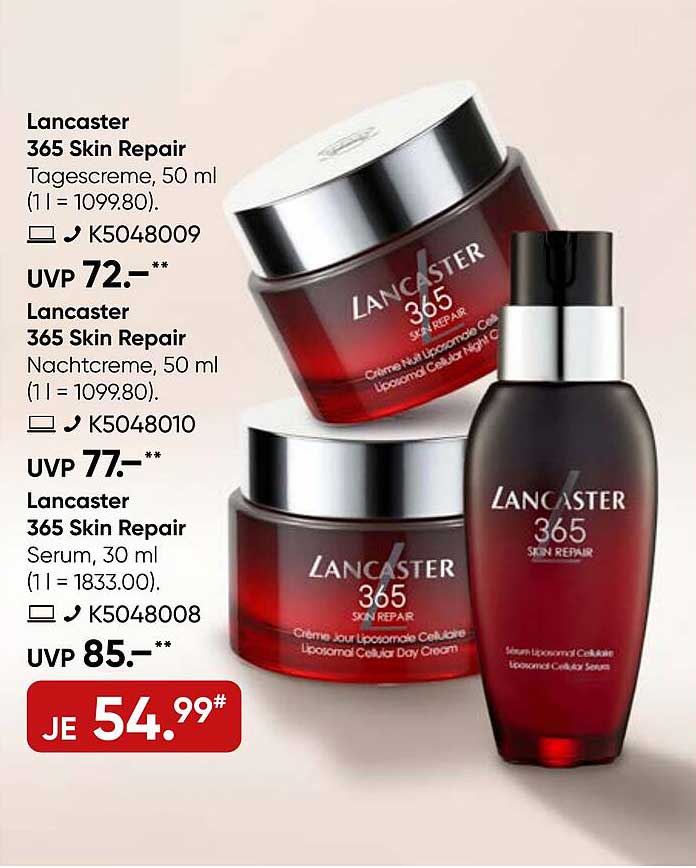 Lancaster 365 Skin Repair Tagescreme, Nachtcreme und Serum