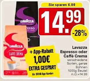 Lavazza Espresso oder Caffè Crema 1000g Beutel