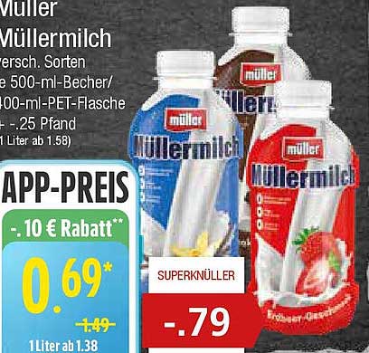 Müllermilch verschiedene Sorten 500 ml Becher / 400 ml PET-Flasche