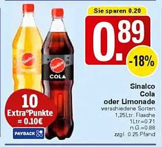 Sinalco Cola oder Limonade 1,25L für nur 0,89€