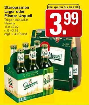 Staropramen Lager oder Pilsner Urquell, Trager 6x0,33Ltr.